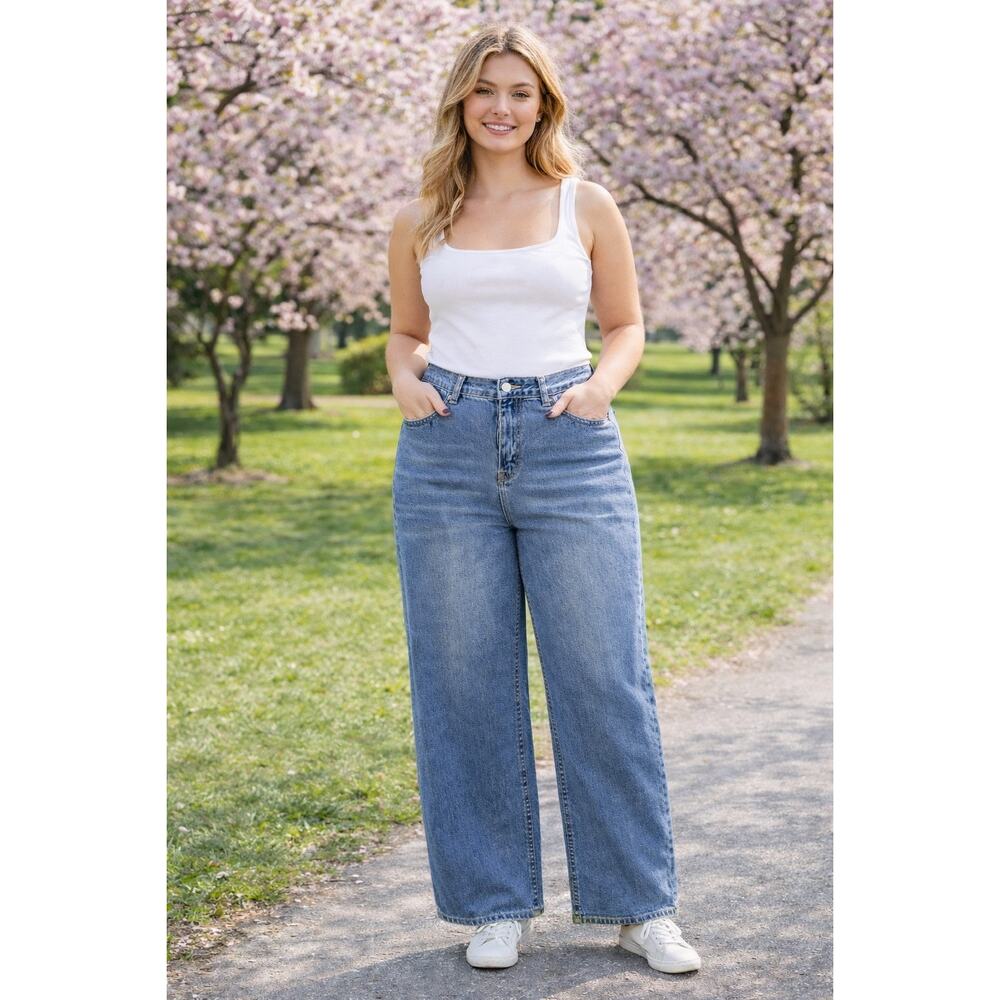 KUMMI Wide Leg Jeans 14 Blue High‎ Rise Stretch Denim Vintage Y2K